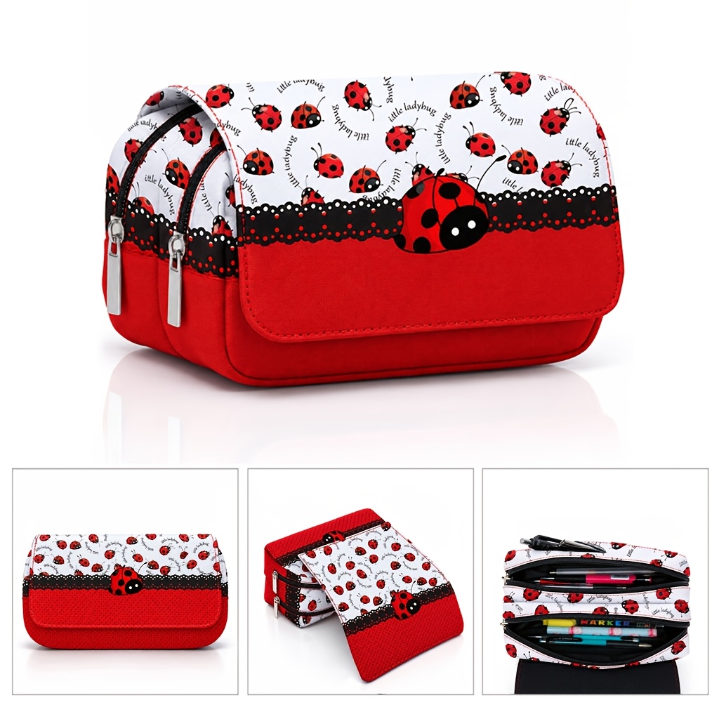 Image of -spot Ladybug Print Clutch Bag, Large Capacity Double-layer Pencil Case