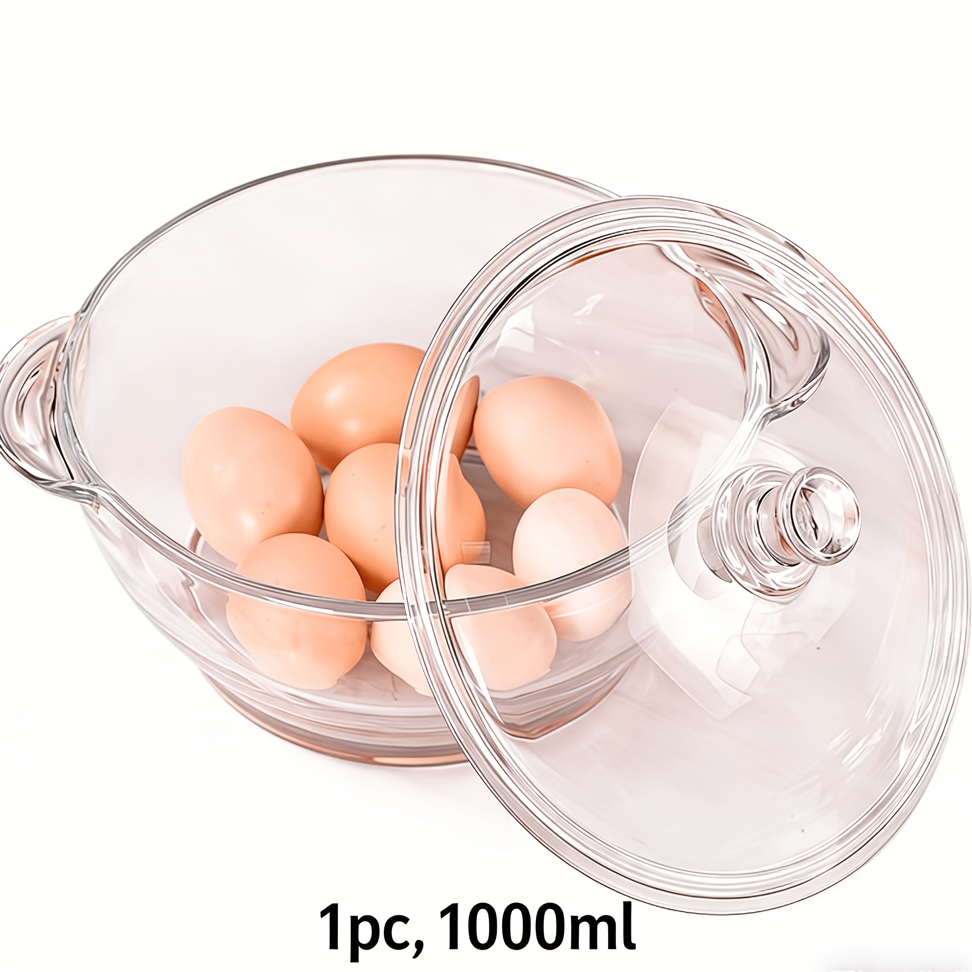 TEMU 1pc 1000ml Clear Glass Bowl With Lid & Dual Handles, Thickened Glass Serving Soup Bowl For Salad Dessert Oatmeal Food Storage, Kitchen Tableware
