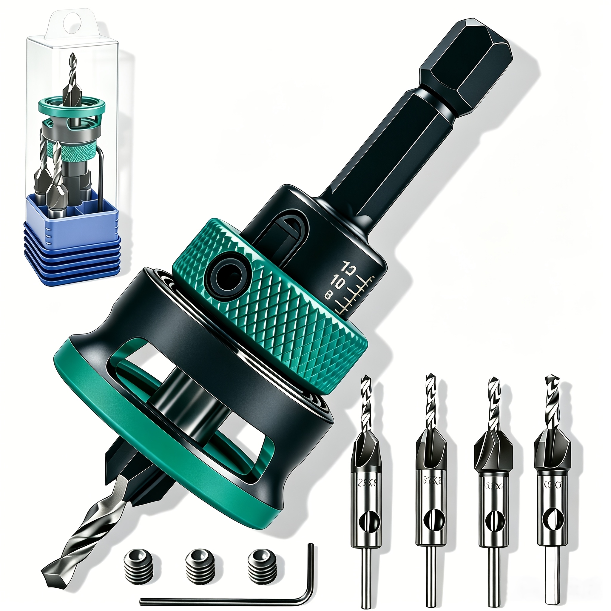 TEMU 8pcs Green Countersink Pilot Drill Bit Set, Four-flute Hss M2 Tapered Drill Bits With Adjustable Depth Stop Collar, Wood Countersink Drill Bits