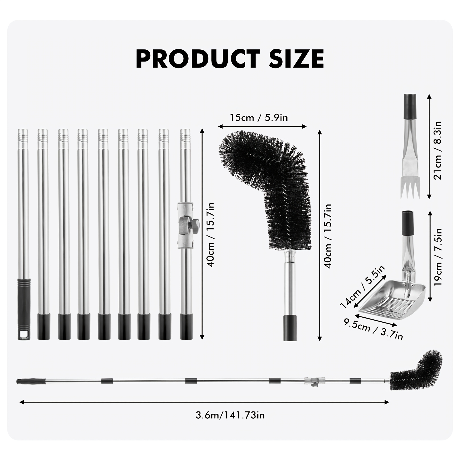 TEMU Roof Cleaning Efficient Tool Set! 9pcs Aluminum Extension Rods With 1pc Black Bristle Brush Heads, A Gutter Rake, A Scoop, Retractable Gutter