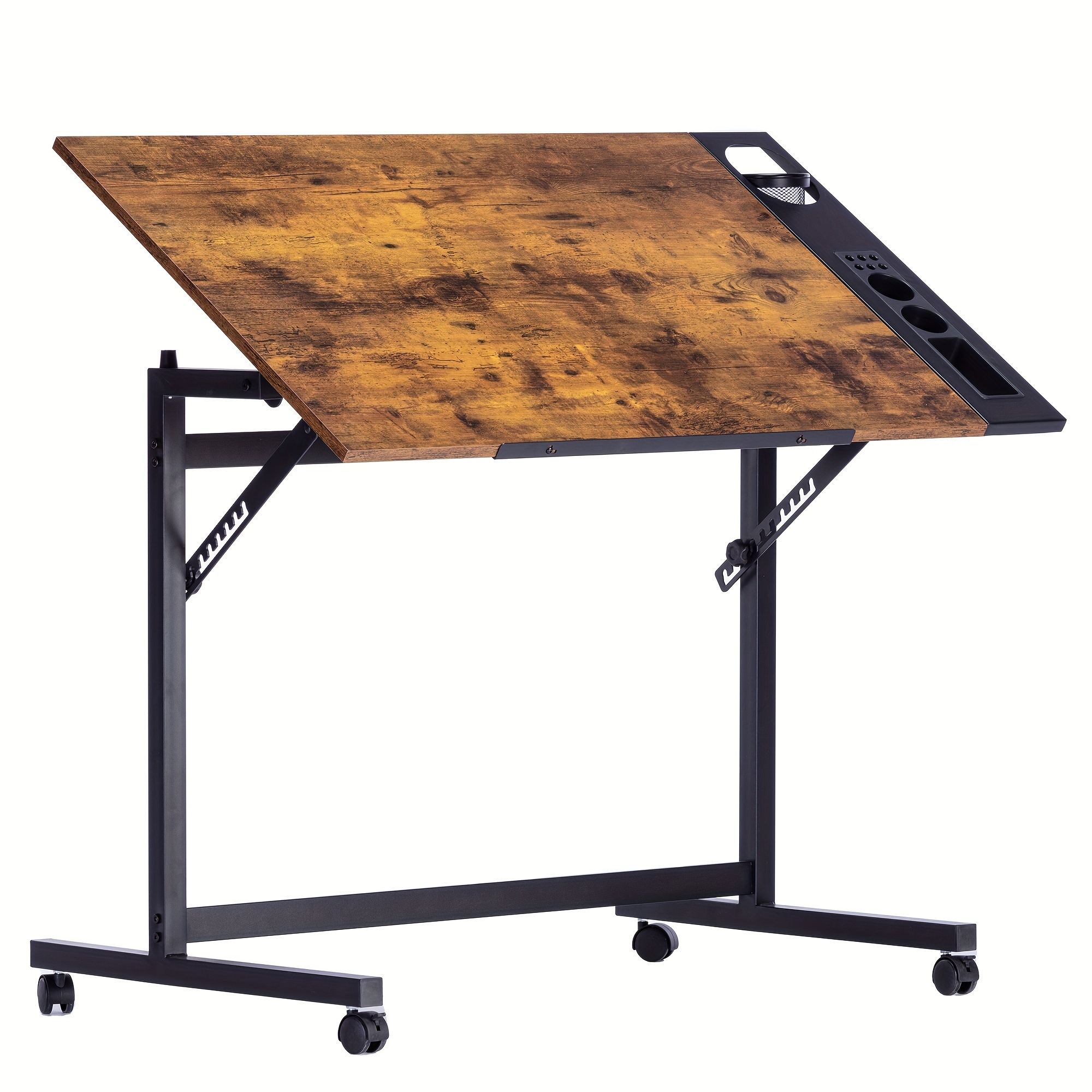 TEMU Vecelo Adjustable Tilting Top Drawing Table With Pencil Holder, Lockable Slide Rolling Wheels, And Storage Bin - Painting, Reading, And Writing - Brown