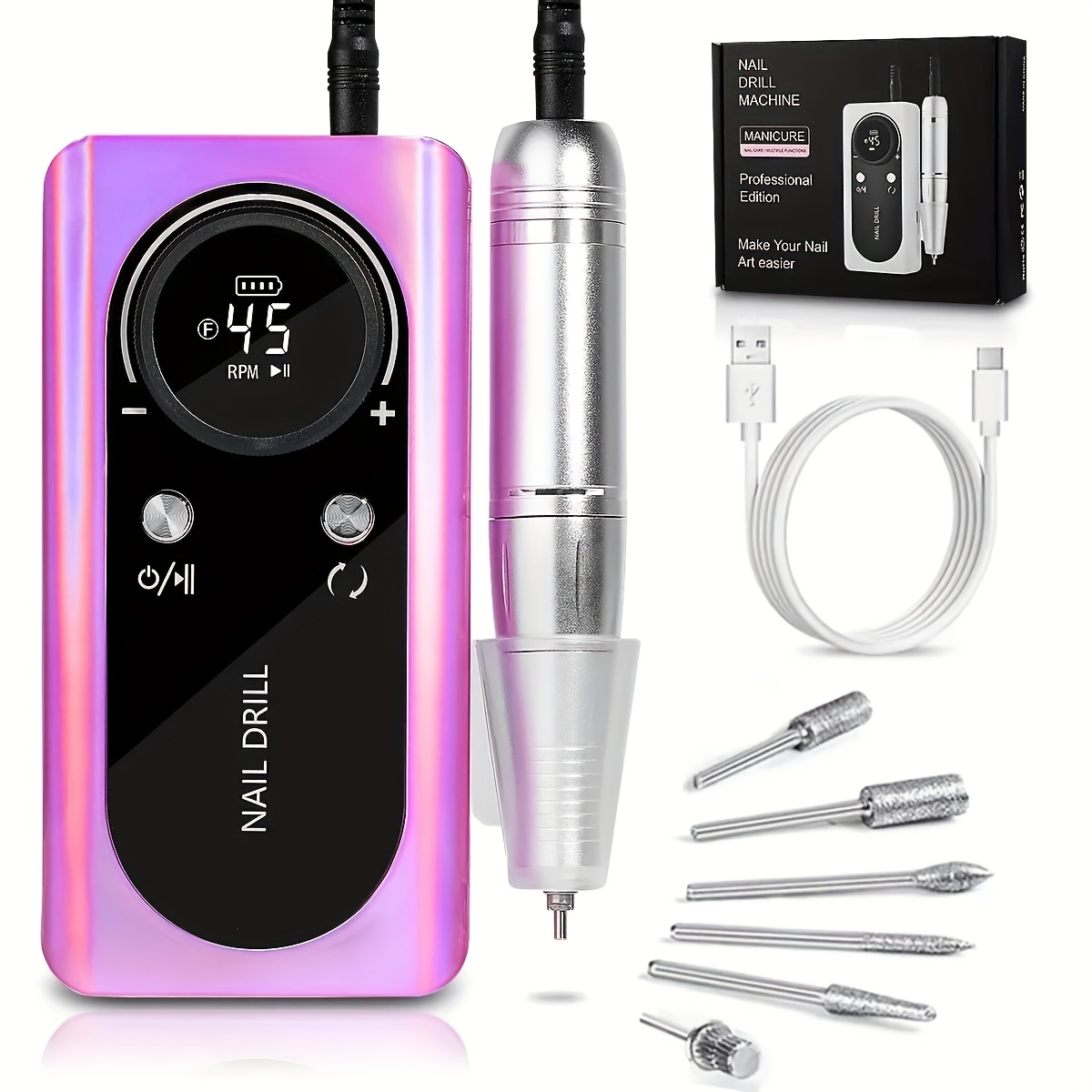 TEMU 45000rpm Electric Nail Drill Machine With Lcd Display Rechargeable Manicure Machine For Polishing Gel Nail Polish
