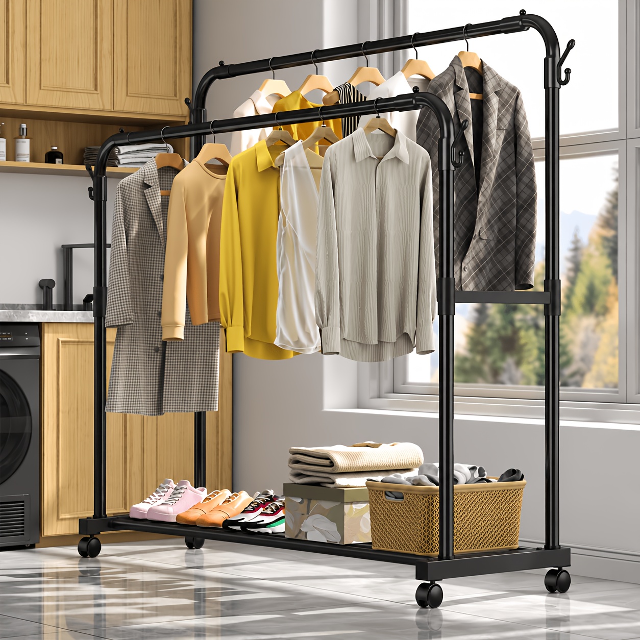 TEMU Storvive Heavy Duty Double Rod Clothing Rack With Wheels, 57in Large Capacity Rolling Garment Rack, Freestanding Clothes Storage Organizer For