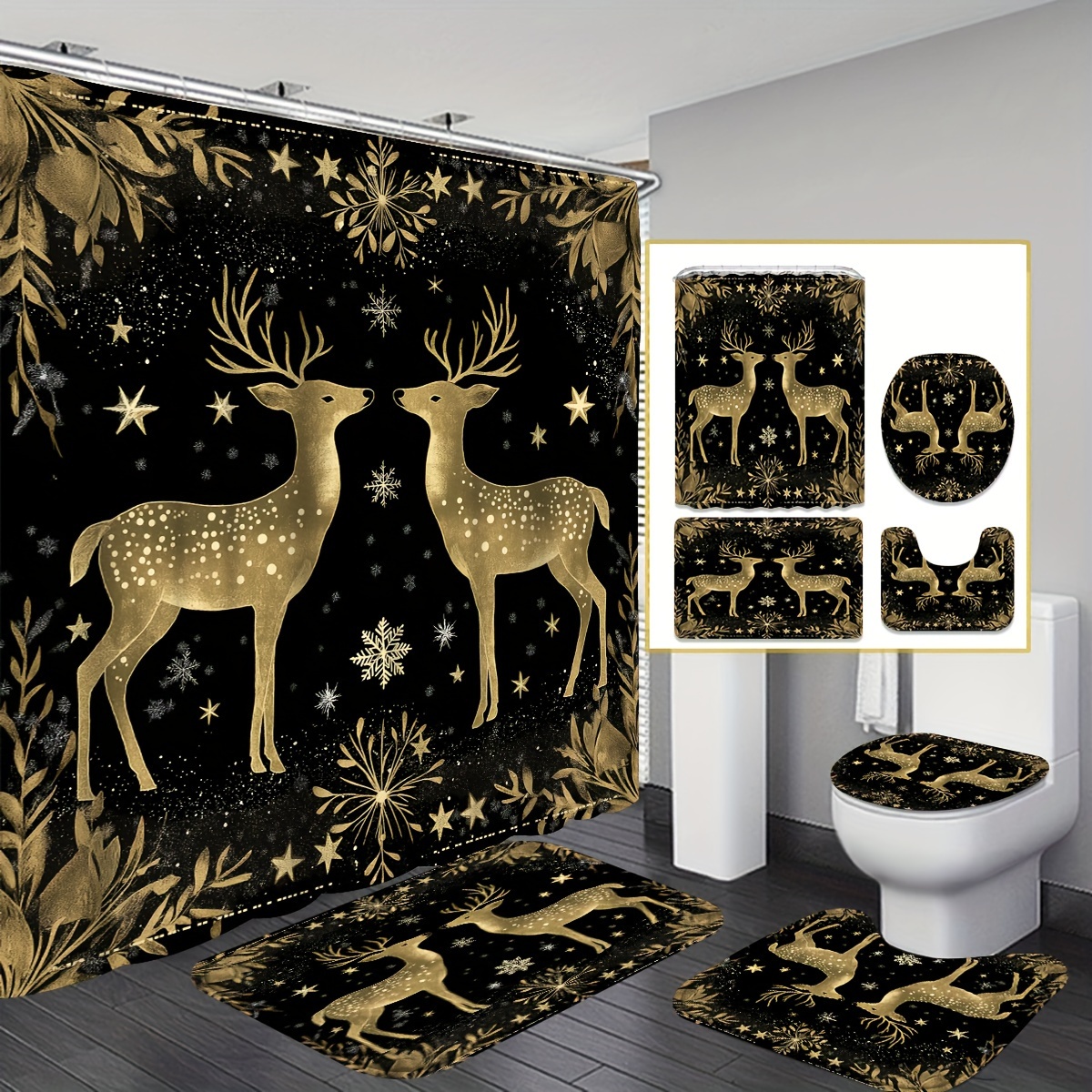 

1/4pcs Winter Christmas Curtain Set, Pattern Decorative Shower Curtain, Suitable For Christmas Bathroom Or Shower Decoration With 12 Hooks, Non-slip Bath Mat U-shaped Toilet Seat Cover