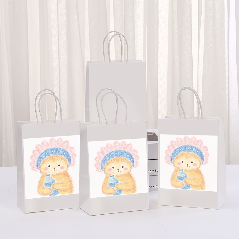 Flower Cap Bear Print Bottles with Handles, Reusable Gift Bags