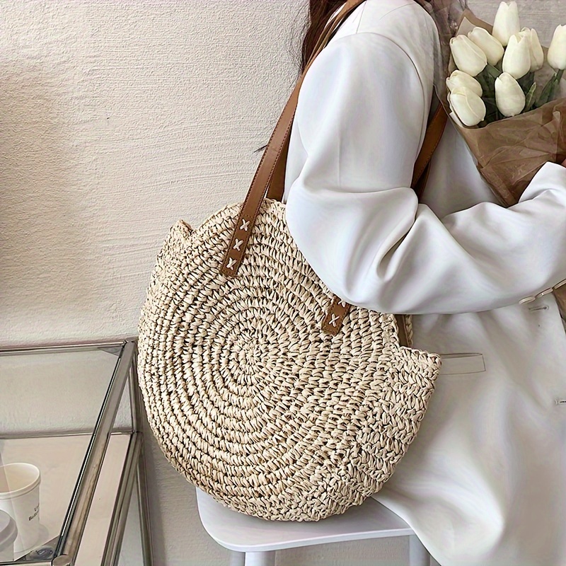 

Round Woven Beach Bag, Straw Shoulder Tote, Fashionable And Versatile, Solid Color, Perfect For Vacation Outings