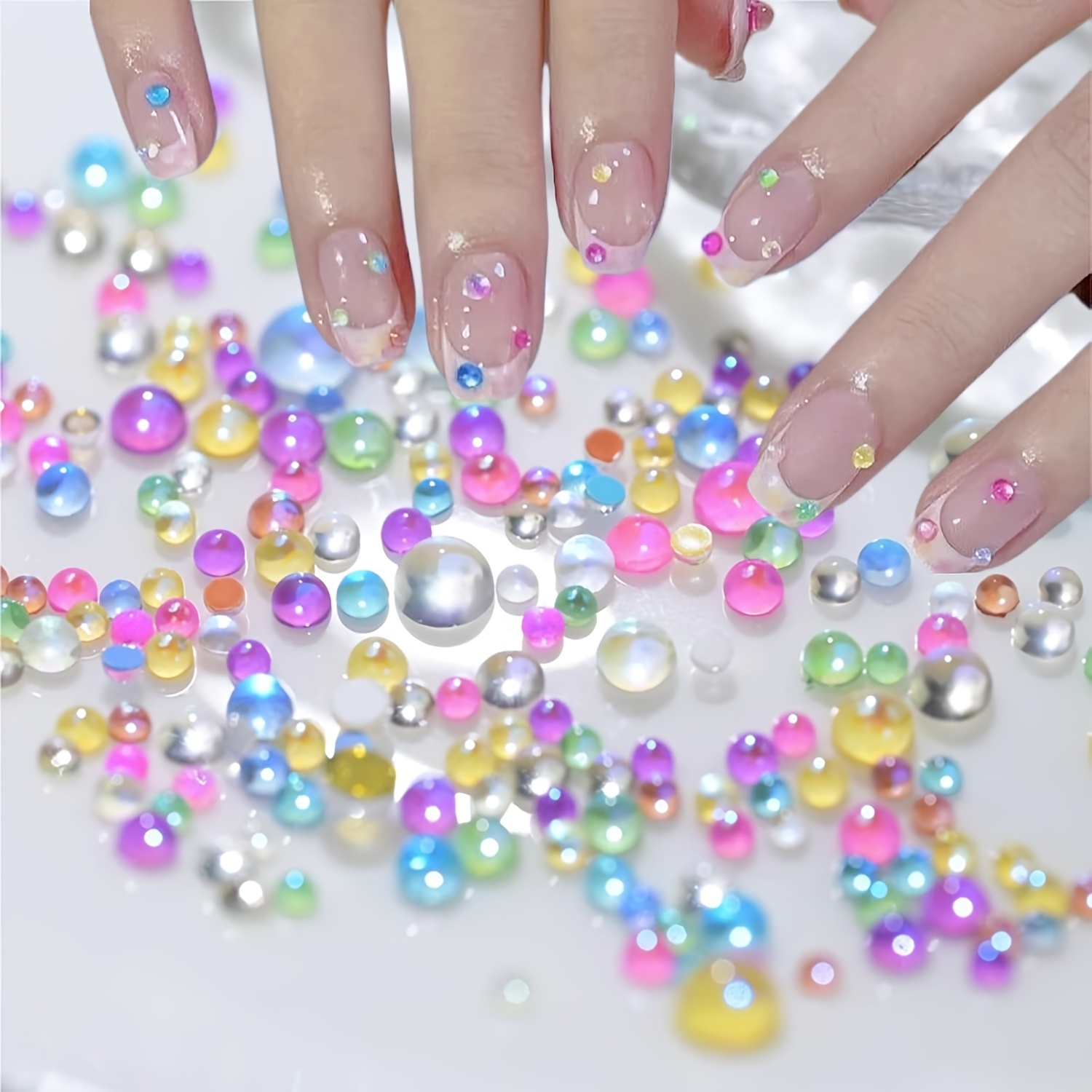 TEMU 200 pièces Perles à bulles colorées, breloques sirène pour art des ongles, strass Aurore mélangés, strass demi-ronds à dos plat pour ongles,
