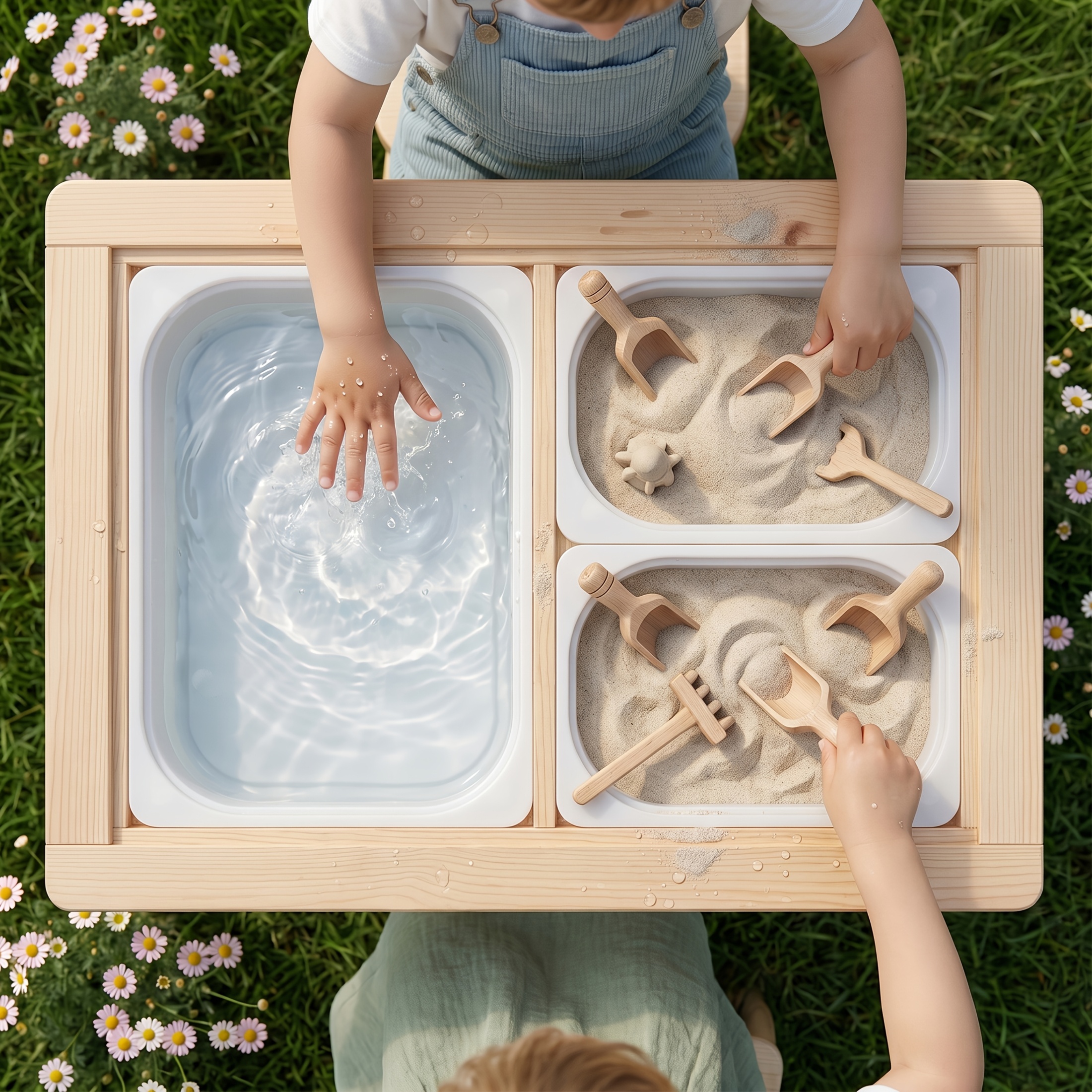 Kids Sensory Table with 3 Storage Bins, Solid Pine Wood Activity Table, Double-Sided Drawing & Play Surface, Sand And Water Play Table for Toddlers, Indoor Outdoor Learning & Craft Table