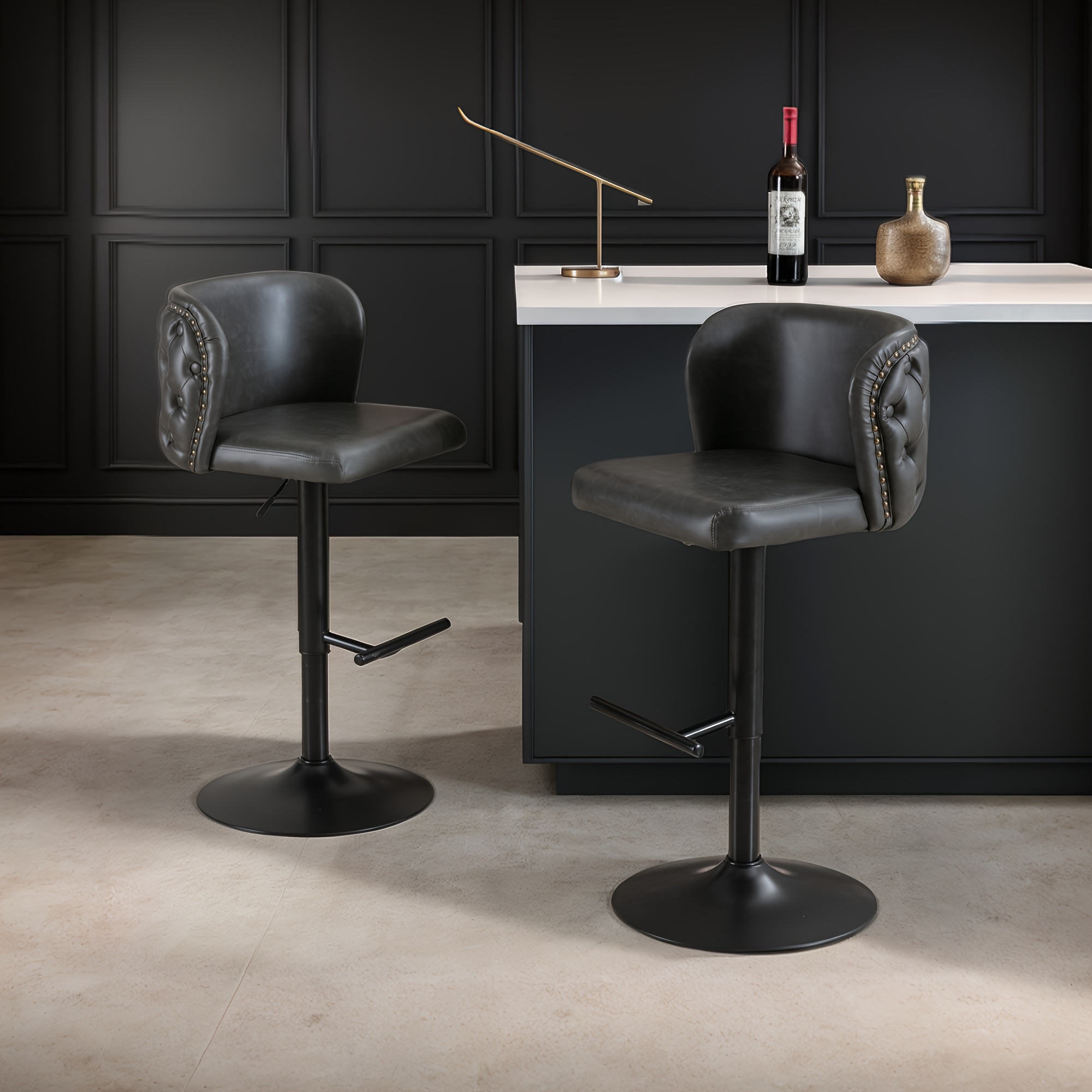 Set Of 2 Modern Swivel Bar Stools, Adjustable Height Counter Height Stools with Tufted Button Back & Nailhead Trim, Luxury Barstools with Golden Metal Base for Kitchen Island & Home Bar