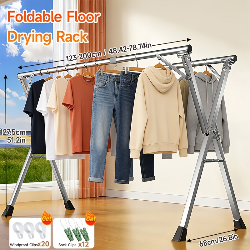 TEMU 78.75in/94.5in Heavy-duty Folding Telescopic Clothes Drying Rack, Retractable Stainless Steel Freestanding Laundry Airer With Windproof And Sock