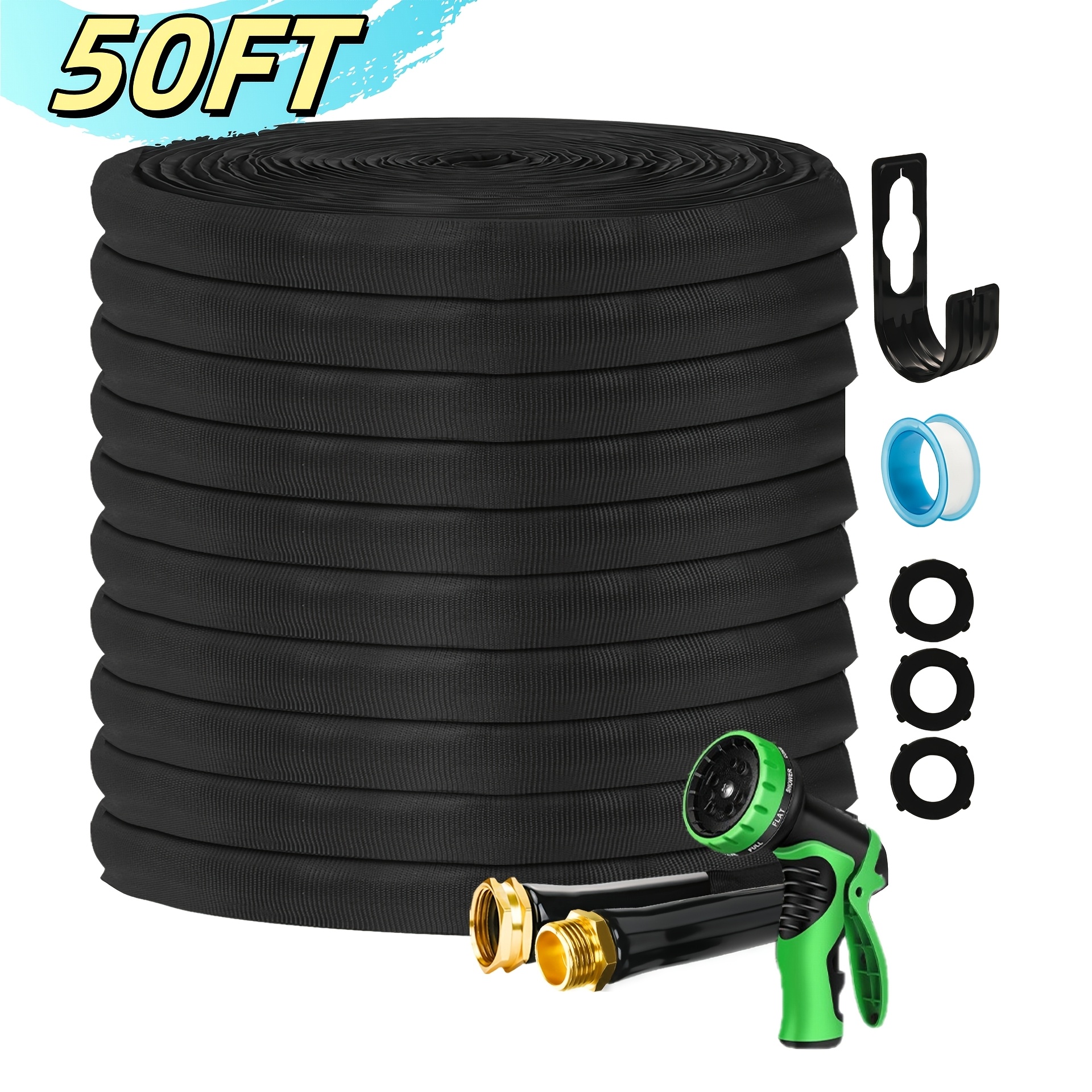 TEMU Tuyau d'arrosage non extensible | Tuyau d'eau flexible de qualité avec buse à 10 fonctions et raccords en aluminium 3/4", comprend 3 joints,