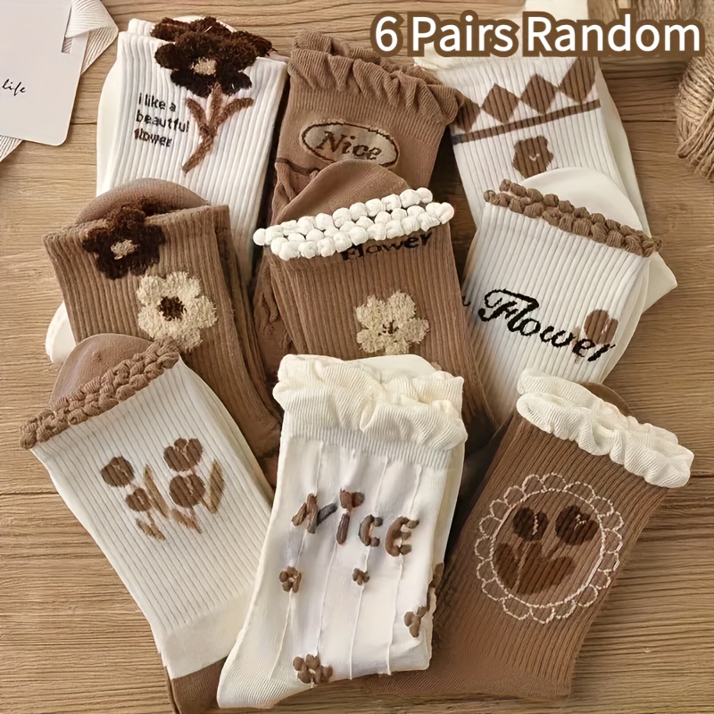 Image of 6 Pairs (random), Women's Spring/autumn/winter Stockings, Trendy And Versatile High-value Stockings, Brown Lace Mid-length Floral Stockings, Multiple Styles