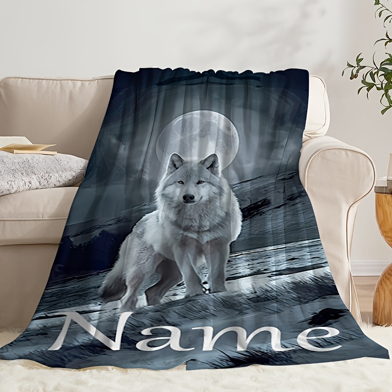 TEMU 1pc Personalized Custom Name Vintage Wolf And Moon Flannel Blanket - Soft And Comfortable In Dark Blue/black-gray Tones - Custom Text Available,