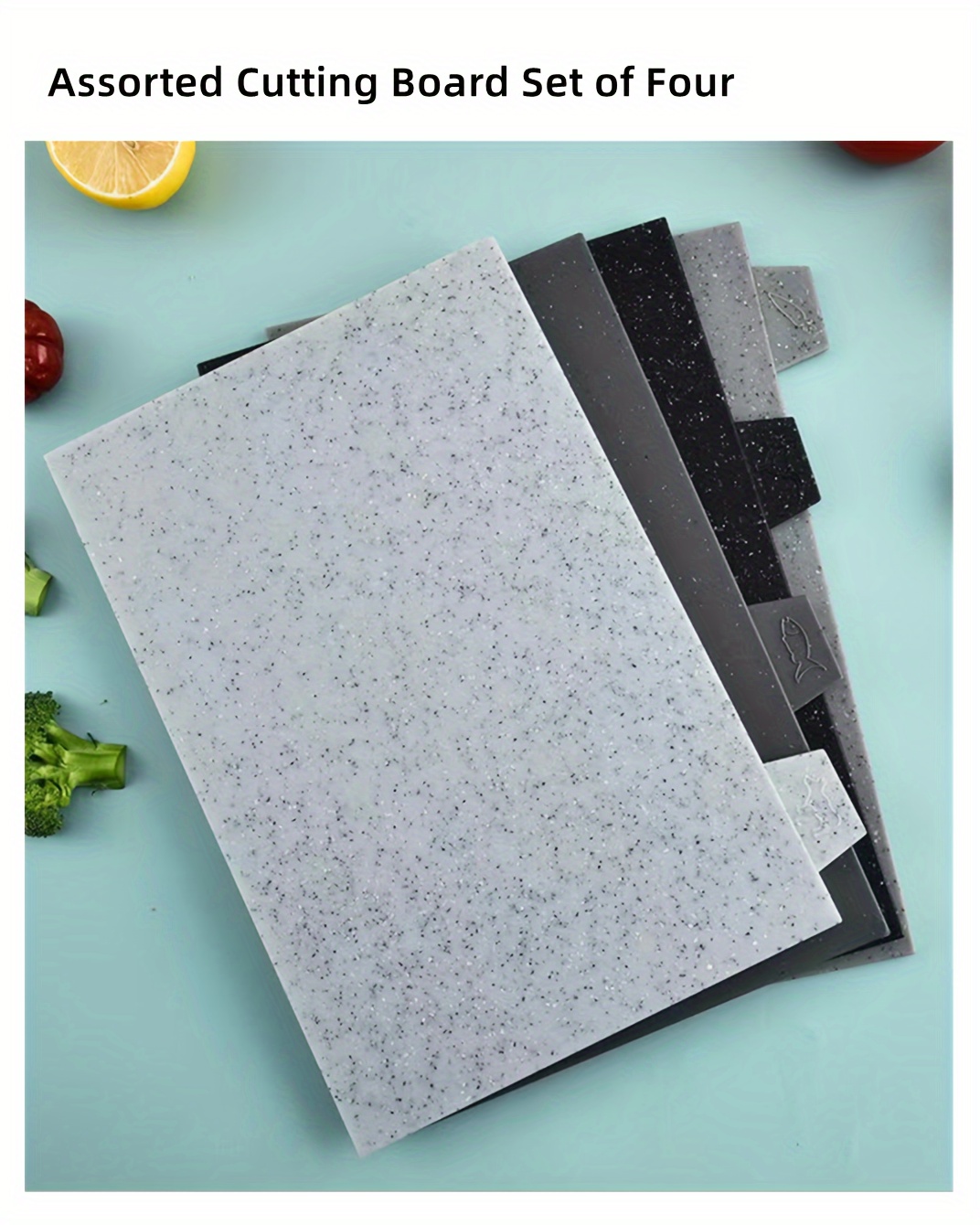 4 piece plastic cutting mat set with marble pattern and stand   kitchen chopping sheets for meal prep and serving details 1