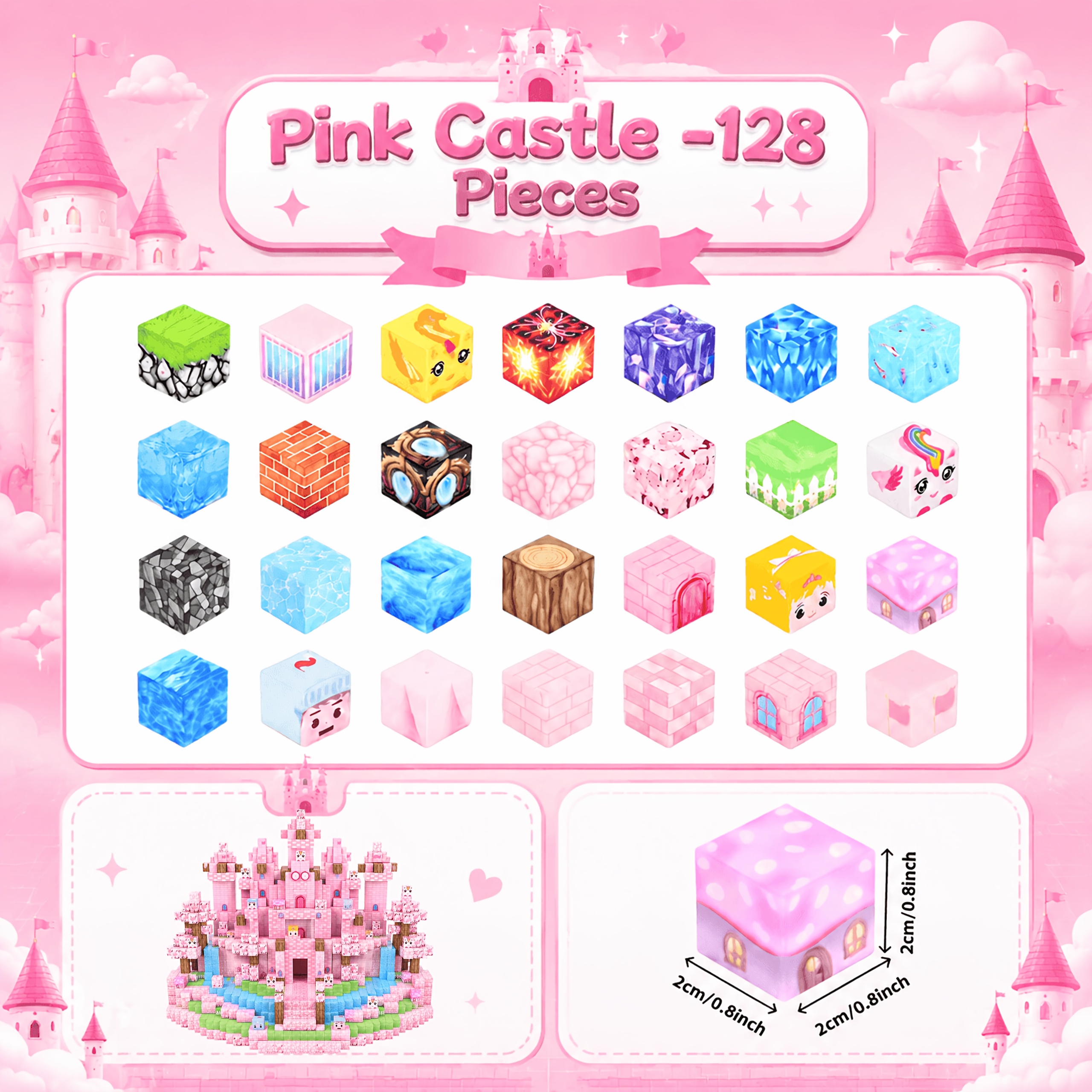 Image of Magnetic Building Blocks 128 Sticks Pink Castle Rods 2cm 0.8inch Abs Solid Stable Adsorption Build Castle Shapes Stem Thinking Free 2d 3d Castle Birthday Festival Creative Gift