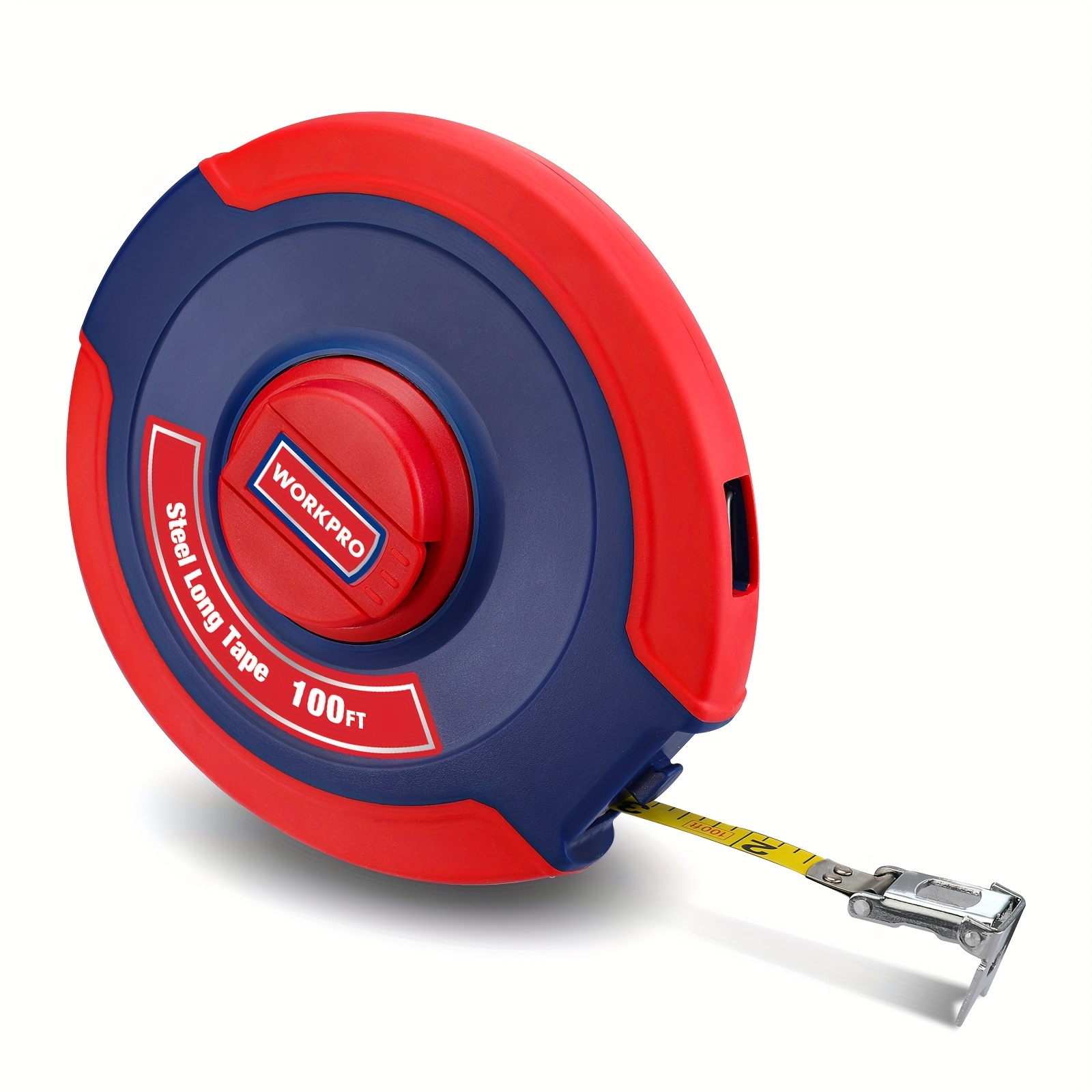 

Workpro 100 Ft Tape Measure, Closed Reel Steel Long Tape With Foldable Handle, Nylon Coated, Plastic And Rubber Case