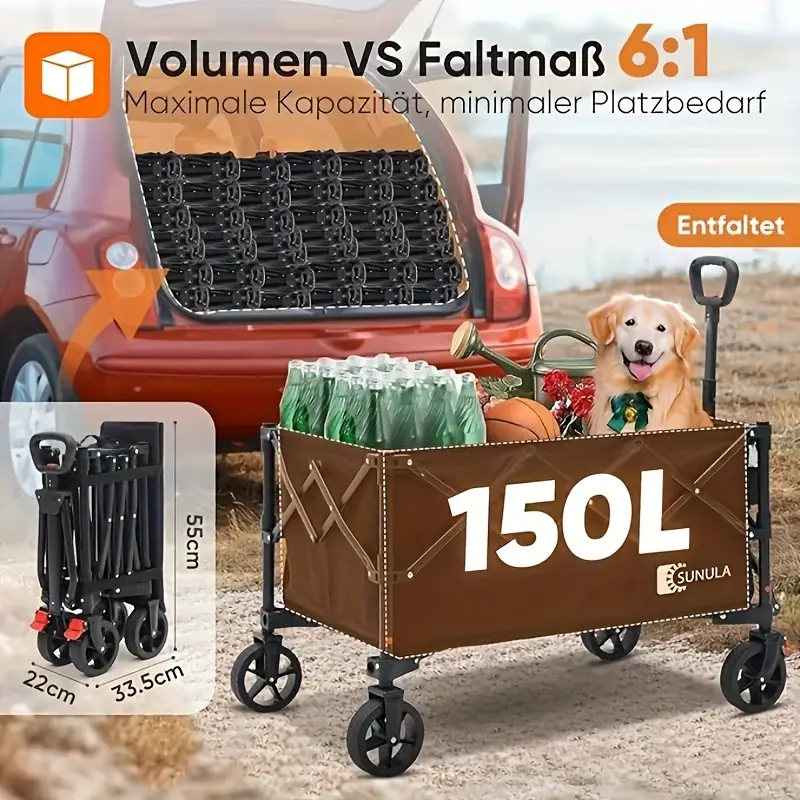 collapsible wagon cart supports up to 330 lbs with a 300l capacity oversized all terrain wheels for sand grass gravel shopping camping gardening beach trips and outdoor activities folds compactly for details 2