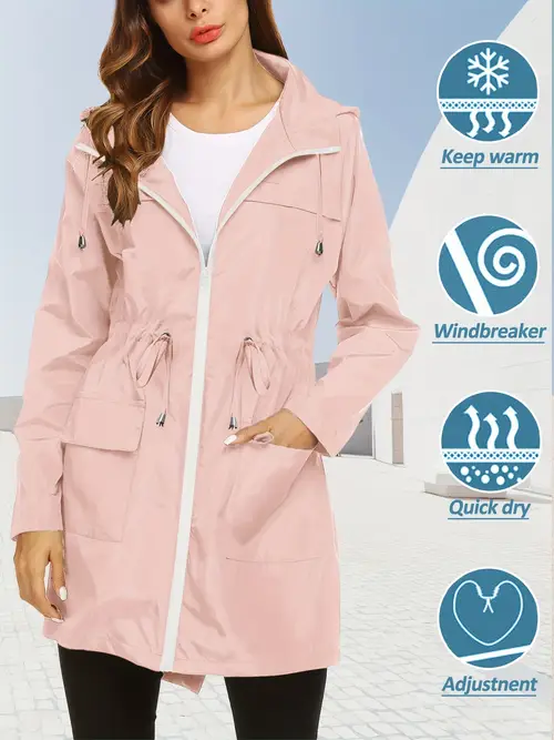 womens lightweight high quality hooded rain jacket breathable quick dry windbreaker with drawstring zipper pockets for hiking camping travel and everyday
