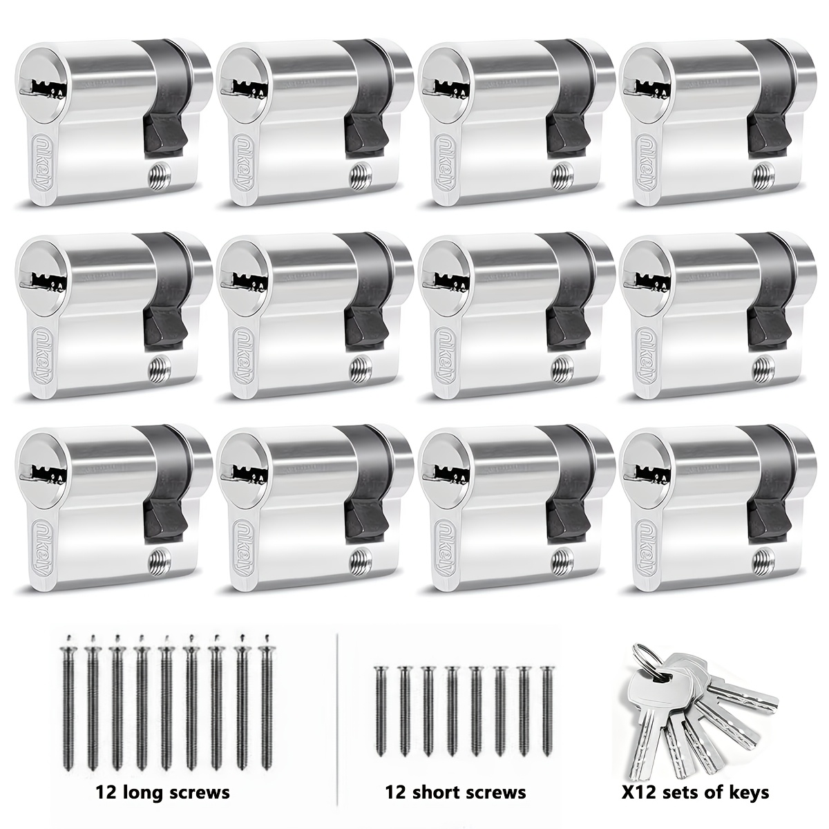 Image of 12pcs Semi-cylinder Lock Cylinder Set, 30/10mm, Semi-cylinder, Garage Door Lock, Includes 60 Keys, 12 Long Screws And 12 Short Screws, Length: 40mm, A: 30mm, B: 10mm, Suitable For Garages