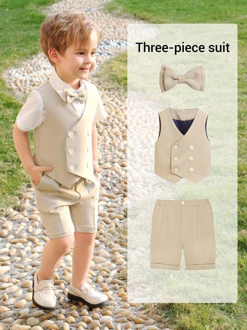 Suit with Vest and Shorts, Bow Tie Elegant Outfit for Boys, Stylish Formal Wear for Piano Performances, Weddings, Birthday Parties, and Casual Attire - Vest + Shorts + Bow Tie, Shirt Not Included