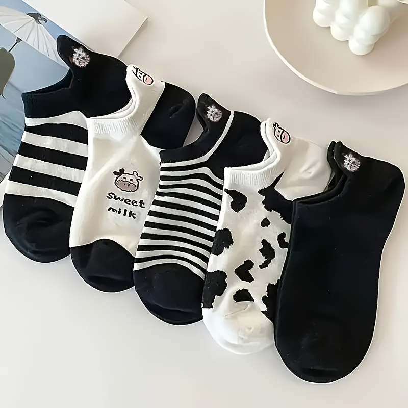 

5 Pairs Black And White Cartoon Boat Socks, Cute Comfy Breathable Trendy Low Cut Short Socks, Women's Stockings & Hosiery