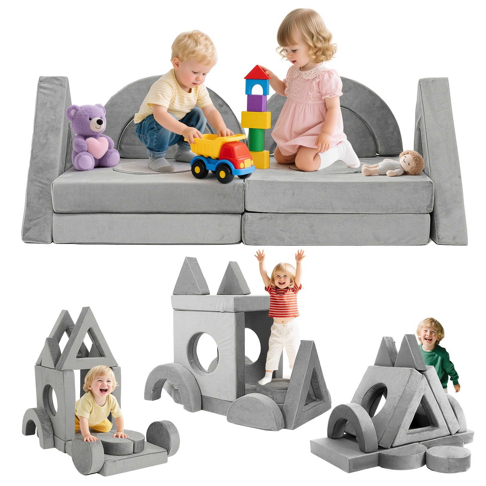 12pcs Modular Kids Play Couch - Soft & Sturdy Foam Sofa Washable Velvet Covers DIY Castle Slide Set Living Room Kindergarten Play Area