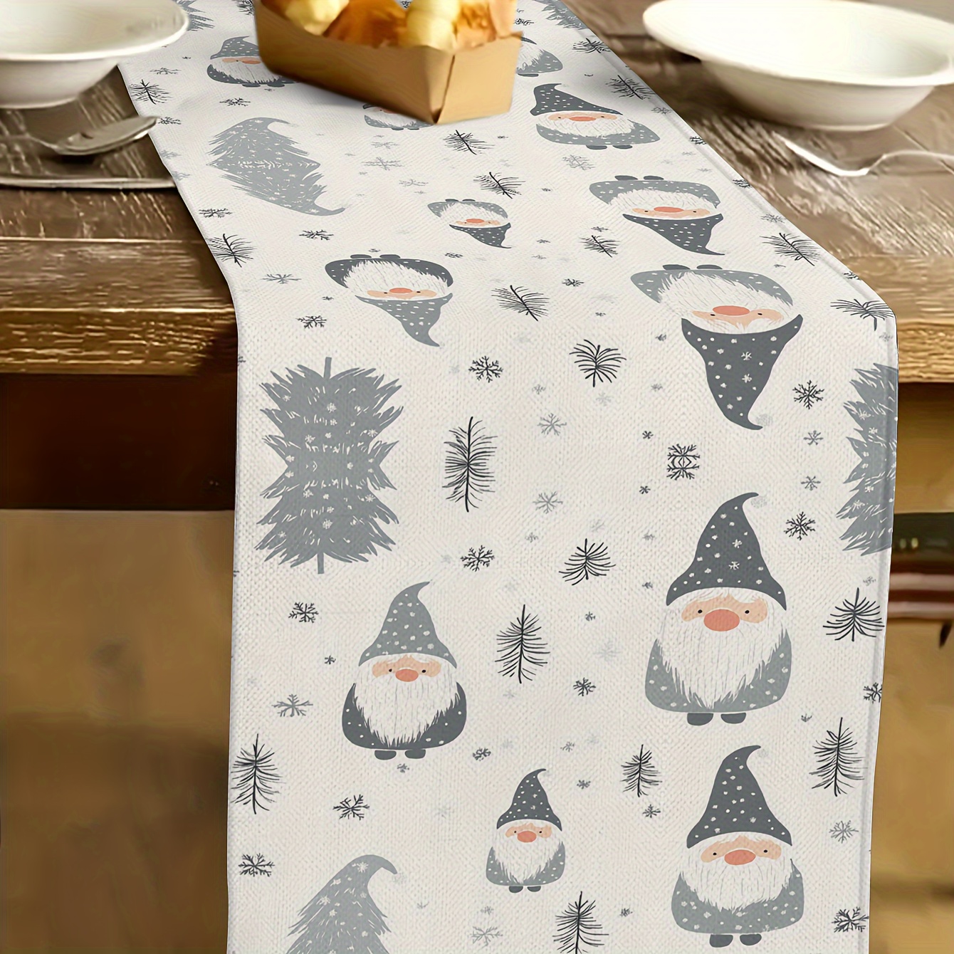 

Christmas Table Runner - 100% Linen Knit Fabric, Rectangular Decor, Santa & Reindeer Design, Indoor/outdoor Christmas Party Supplies, Seasonal Home Accessory - 1pc