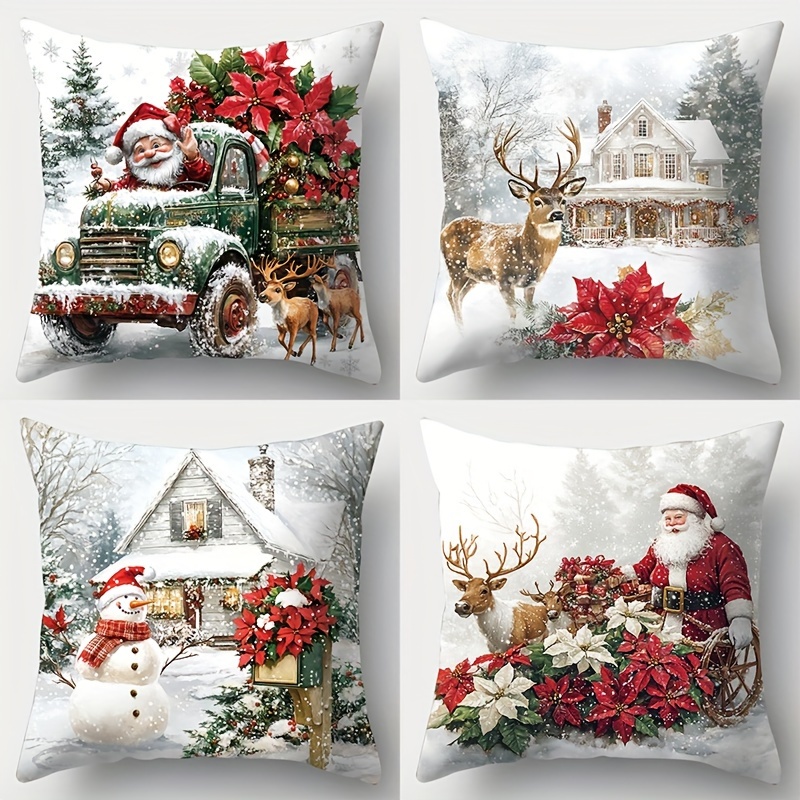 TEMU A Set Of Four, Includes Pillowcases Featuring Christmas Designs Such As Snowmen, Santa Claus, Christmas Deer, Gnomes, Houses, And More. The