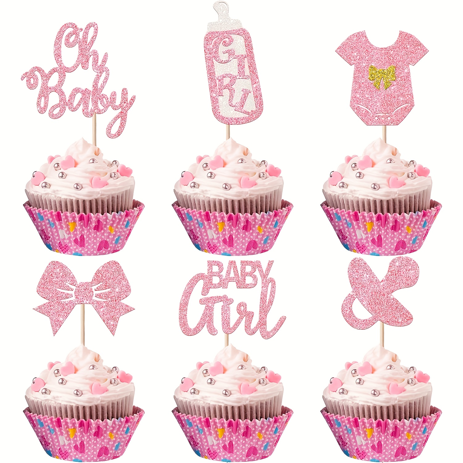 Image of 12pcs Cupcake Toppers Glitter Pacifier Onesie Jumpsuit Bow Gender Reveal Cupcake Picks Welcome Cake Decorations For Birthday Theme Party Supplie For Halloween, Christmas Event & Party Supplies