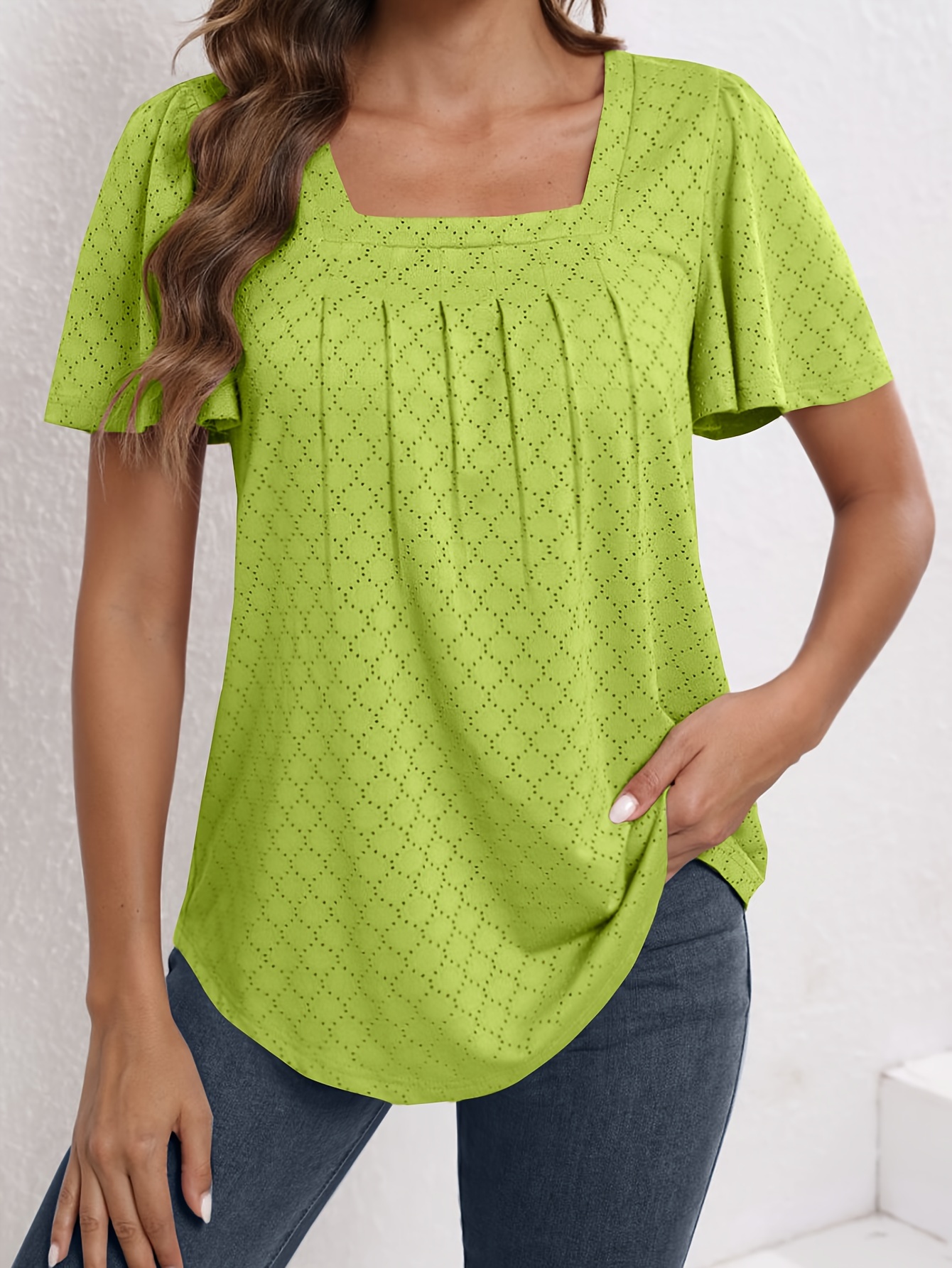 Plus Size Women'S Square Neck Ruffle Sleeve Top - Breathable Eyelet Cut-Out Fabric, Unique Chest Pleat Design, Elegant Fashion for Spring Summer Fall, Formal & Casual Wear, Casual Wear Top | Pleated Detail Top | Stretchy Fabric Top, Ladies T Shirts