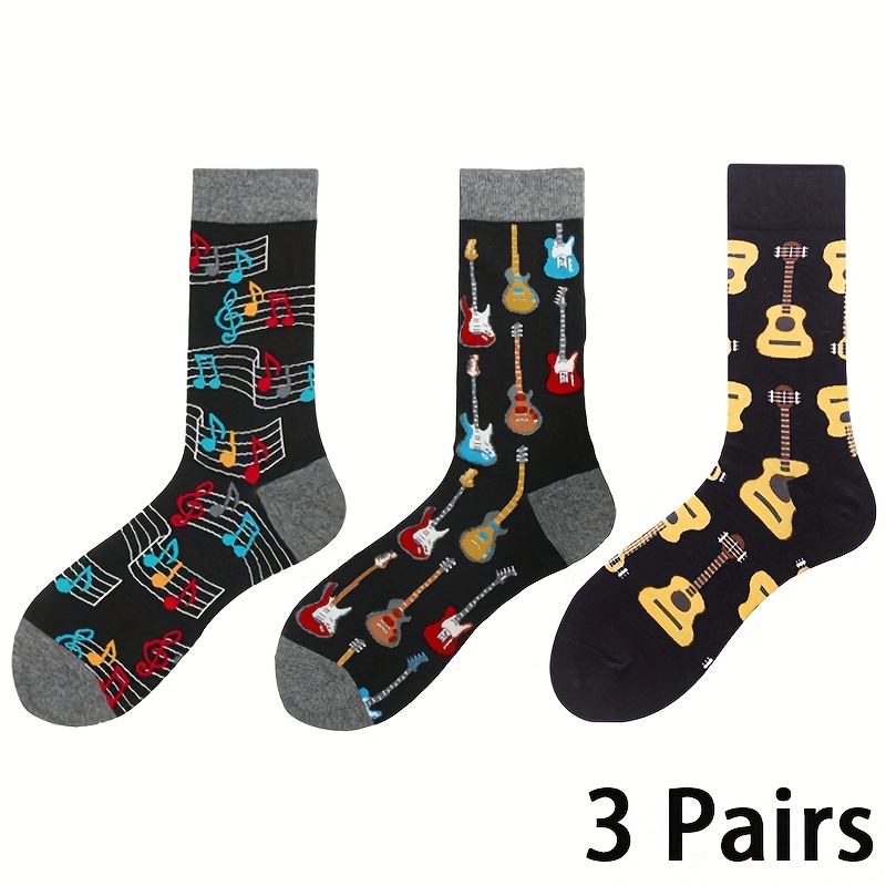 

3 Pairs Men's Novelty Mid-calf Socks - Music-themed Polyester With Spandex, Geometric Guitar Pattern, Black, Perfect Gift For Music Lovers