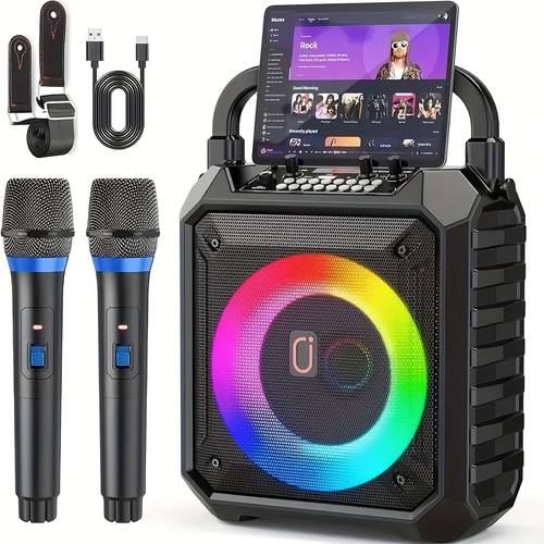 home with 2 wireless microphones wireless speaker rgb lights portable for and adults usb rechargeable remote controls colorful lighting effects karaoke machine