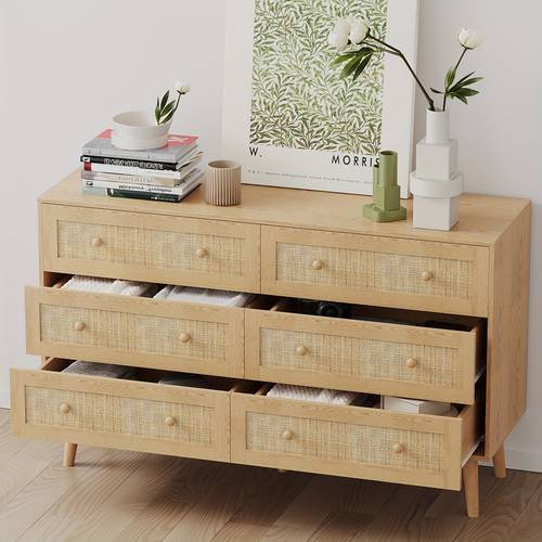 rattan dresser with 6 drawers for bedroom natural boho chests of drawers with drawers and rails for hallway entryway living room