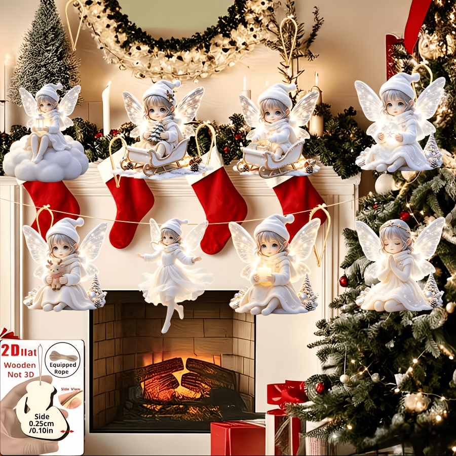 TEMU Juego de 8 adornos de ángel luminosos navideños planos 2D - Decoraciones colgantes de madera artificial, adecuadas para árboles de Navidad de