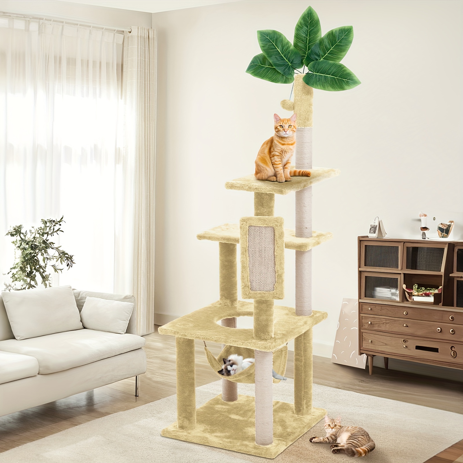 

Tscomon 61" Cat Tree For Indoor Cats With Green Leaves, Multi-level Large Cat Tower For Indoor Cats With Hammock, Toy And Cat Sisal Scratching Posts Cat Furniture, For Living Room, Bed Room, Kitchen