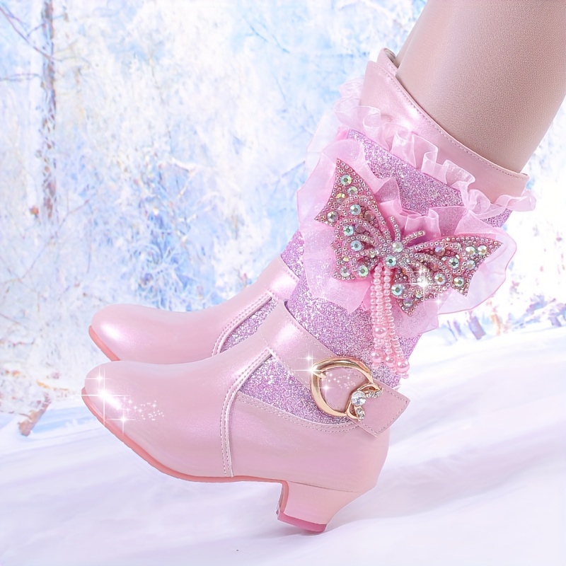 Trendy Schattige Strassvlinder Plus Fleecelaarzen Met Ritssluiting Voor Meisjes, Lichtgewicht Antisliplaarzen Voor Indoor Outdoor Reizen, Herfst En Winter