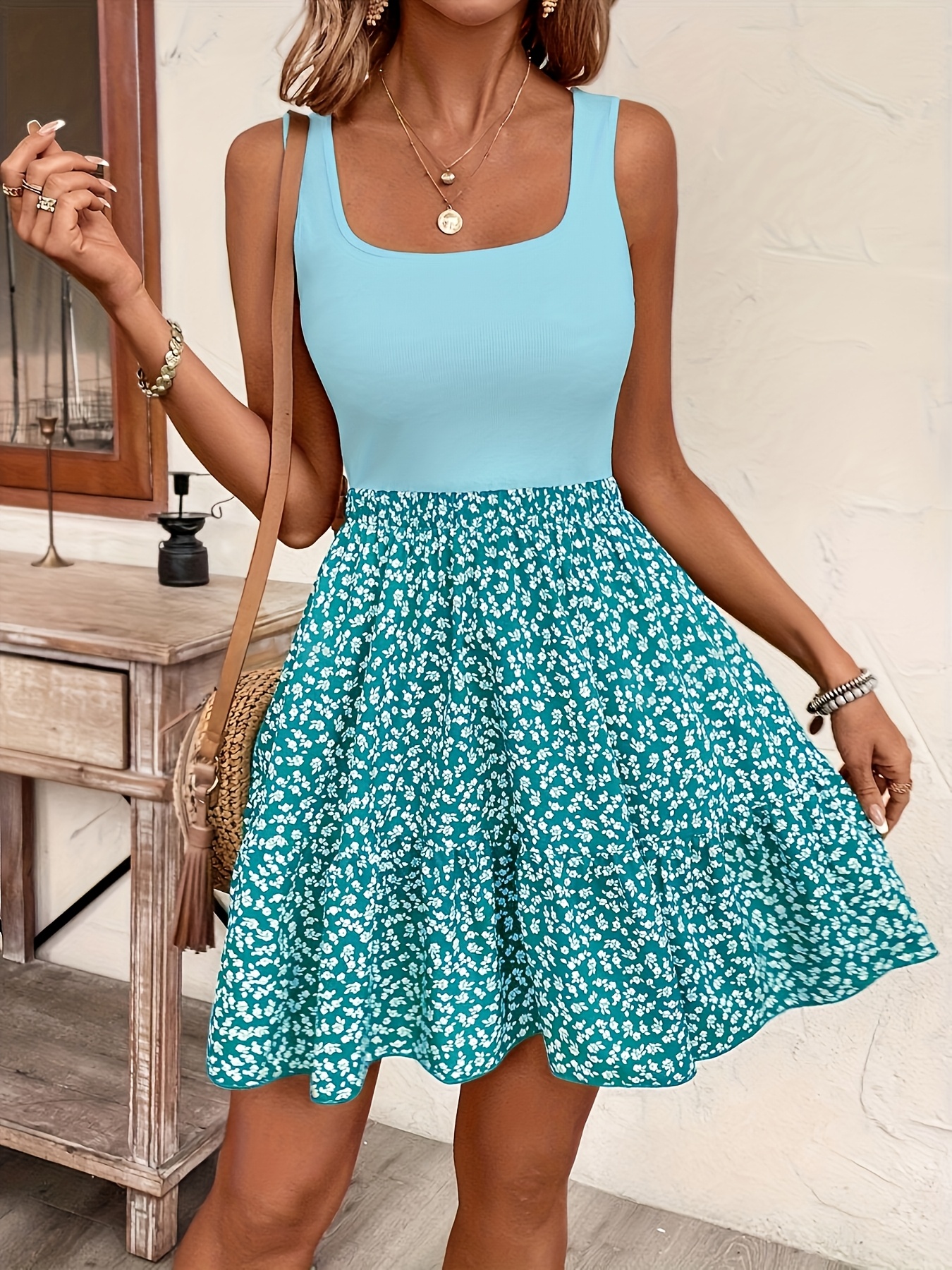 2026 new french style   floral print vest dress for women