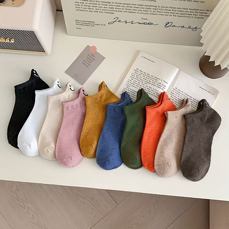 E-shop 10 Paar bunte Paar-Socken mit lächelndem Gesicht, niedrig geschnittene Knöchelsocken, dünner Stil, reißfest, kurze Modestrümpfe, rutschfeste