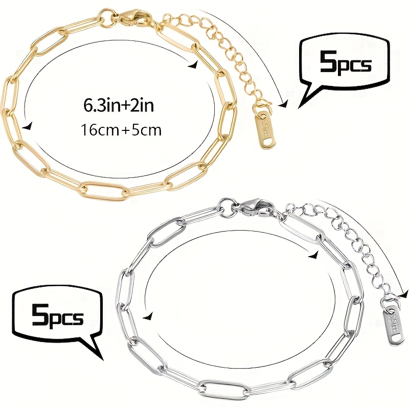 TEMU 10pcs Safety Pin Chain Bracelet Kit, Stainless Steel Adjustable Pendant Bracelets With Lobster Clasp For Making Golden + Silvery