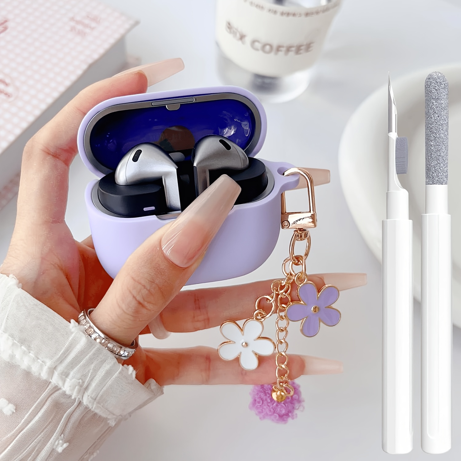 TEMU Étui pour for Samsung Galaxy Buds 3/3 Pro/3, Housse pour Fille Femme avec Porte-clés Pompon Fleur et Stylo Nettoyeur, Housse de Souple pour Pro