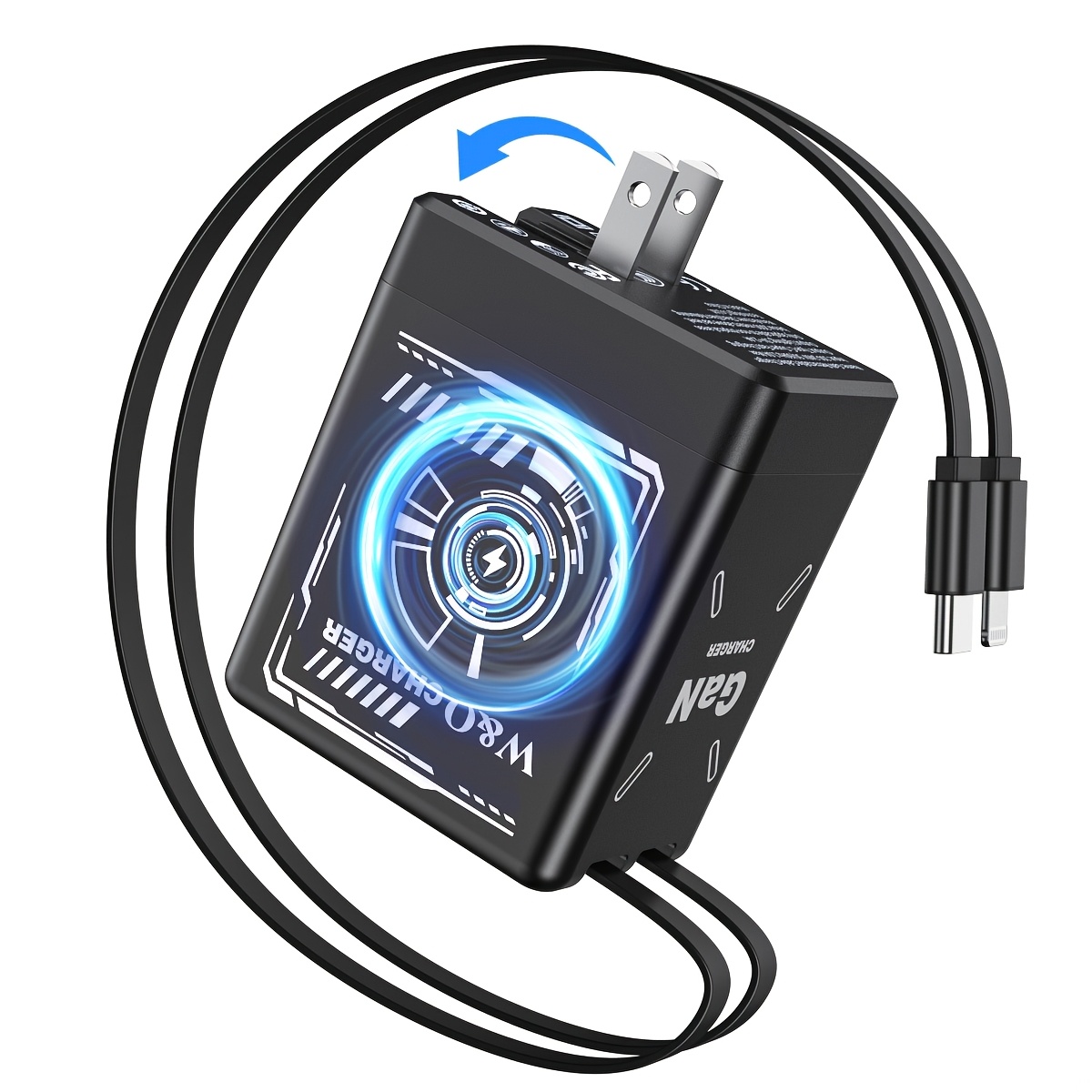 TEMU Chargeur Rapide GaN 120W, Équipé d'un Câble Rétractable et d'une Fiche Pliable, avec un Câble de Données Rétractable Ultra-long (prise pliable),
