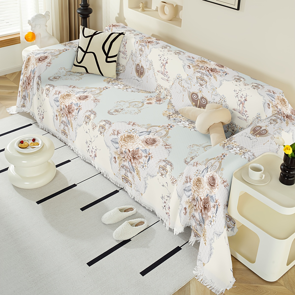 1pc elegant floral sofa cover with tassels, washable non-slip