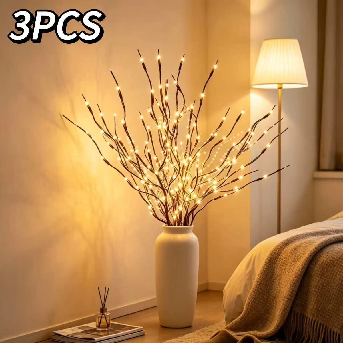 TEMU Set da 3 luci a ramo con 60 LED - Alimentate a batteria (batterie non incluse), luce , rami simulati, adatte per decorazioni festive interne,