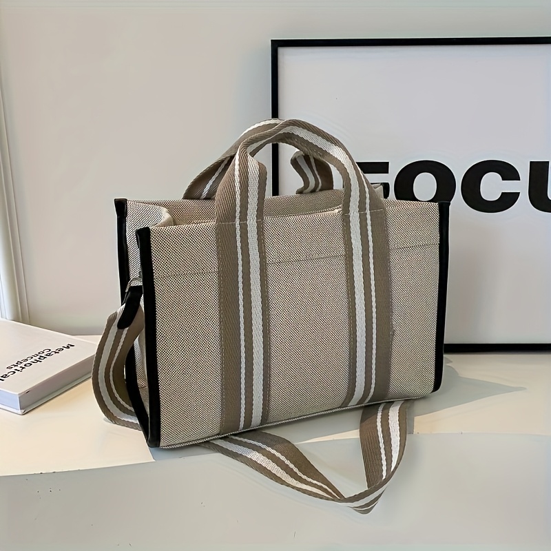 Image of Canvas Color-block Large Capacity Handbag Versatile Casual School Niche Single Shoulder Crossbody Tote Bag