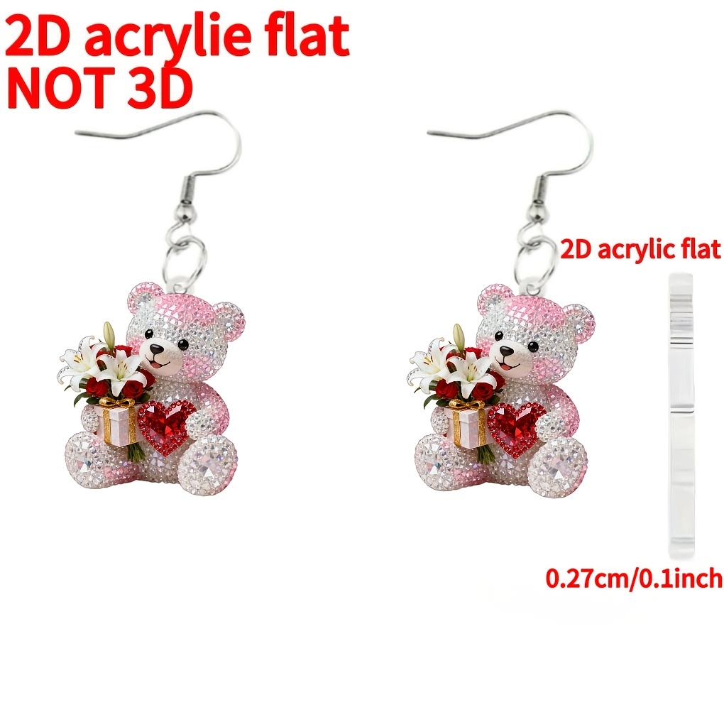 TEMU 2d Flat - A Pair Of Novelty Earrings, Featuring New 2d Acrylic Flat Designs With A Cute Bear Pattern. Trendy Additions Are Suitable For Men And