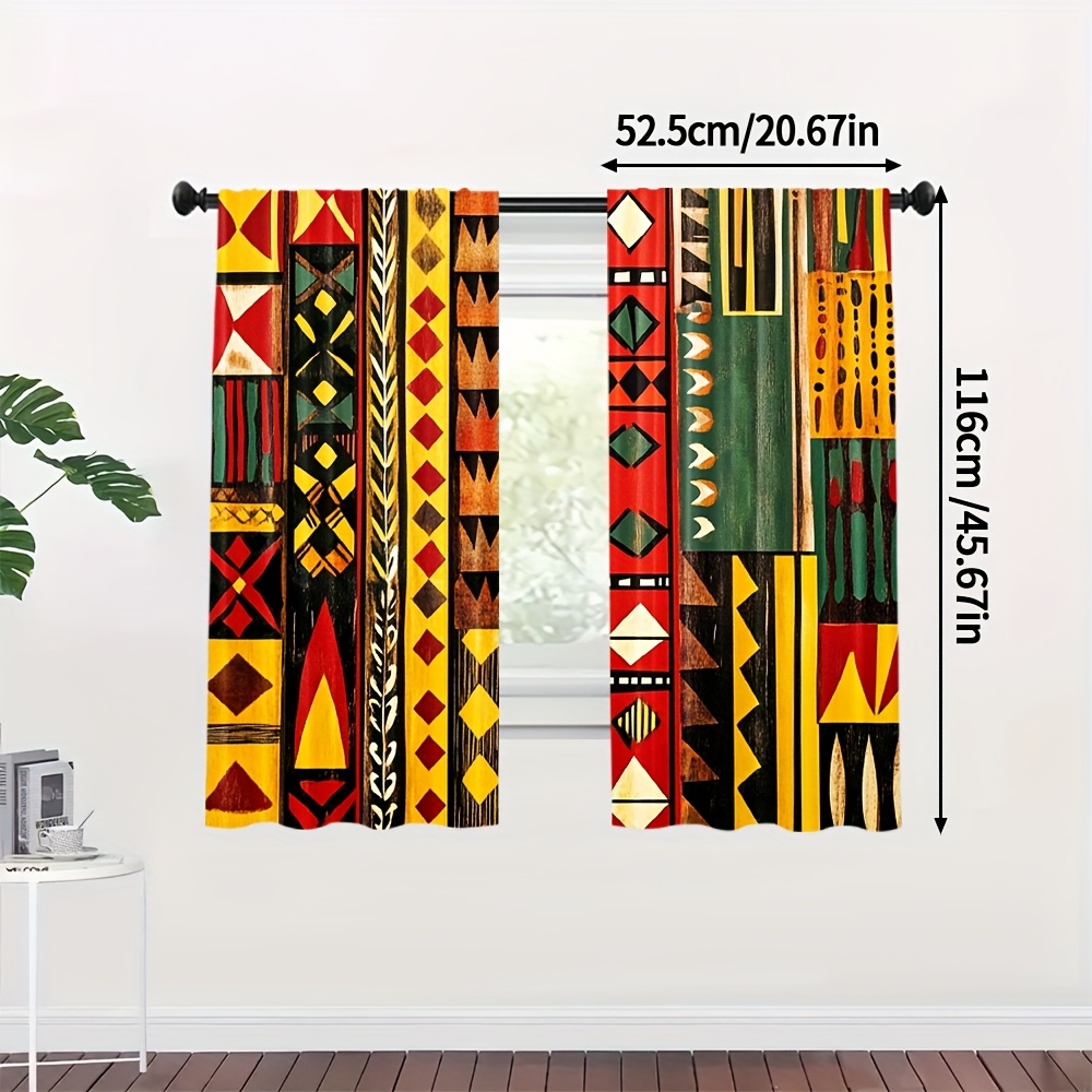 TEMU 2pcs Vibrant African Tribal-inspired Curtains - Polyester, Light-filtering, Rod For Living Room, Bedroom, Game Room Decor - Colorful Geometric &