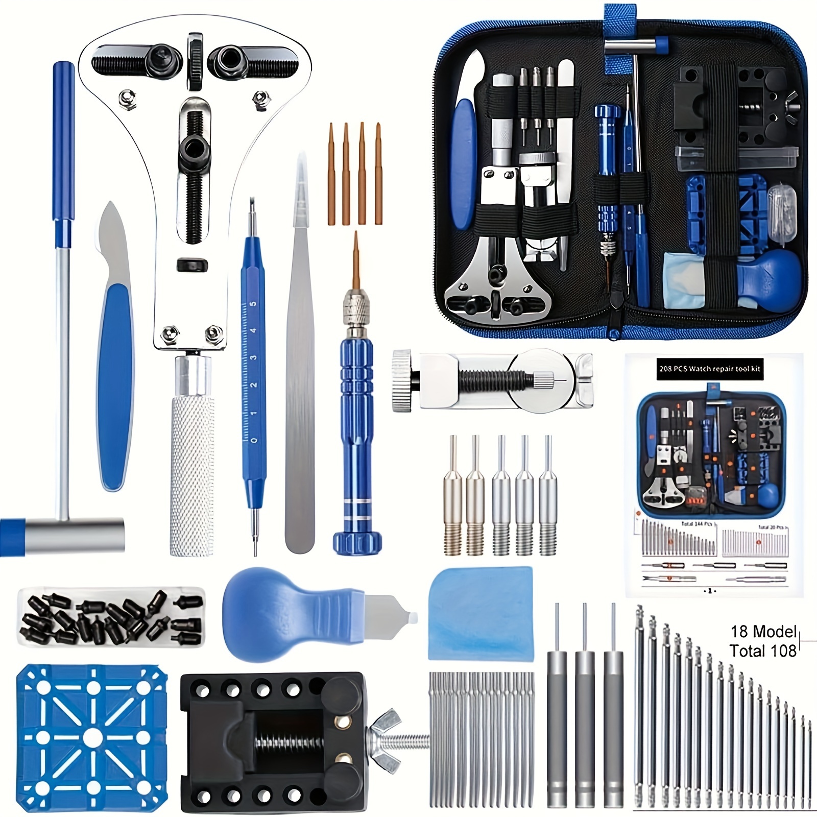 

208pcs Clock Repair Tool Set, Professional Watch Repair Tool Kit, Including With Spring Rod, Strap Connection Release Tool, Case Screwdriver Tweezers And Other Small Watch Repair Tools