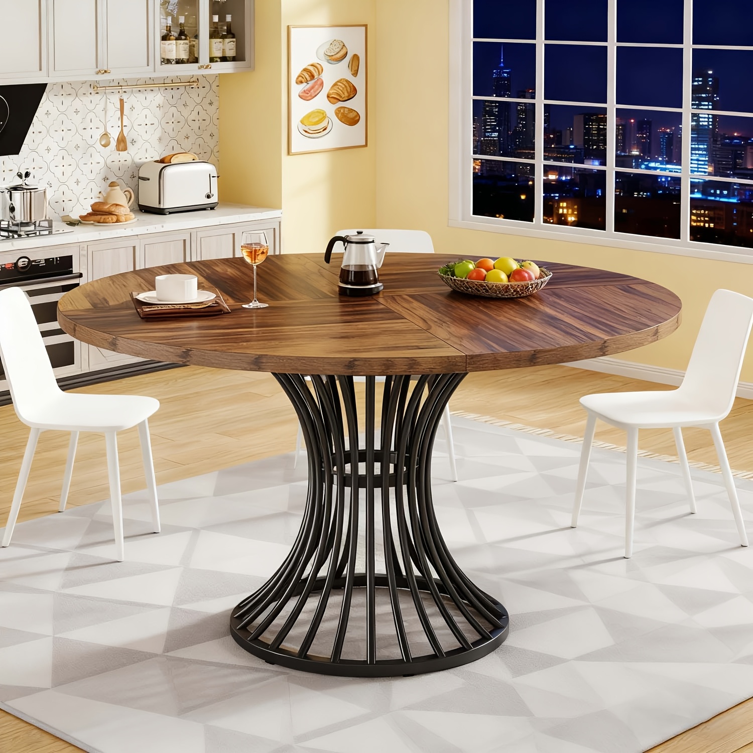 Round Dining Table For 4-6 People, 47-inch Farmhouse Dinning Room Table Circle Kitchen Table, Industrial Dinner Table With Metal Base For Kitchen, Living Room, Black And Brown