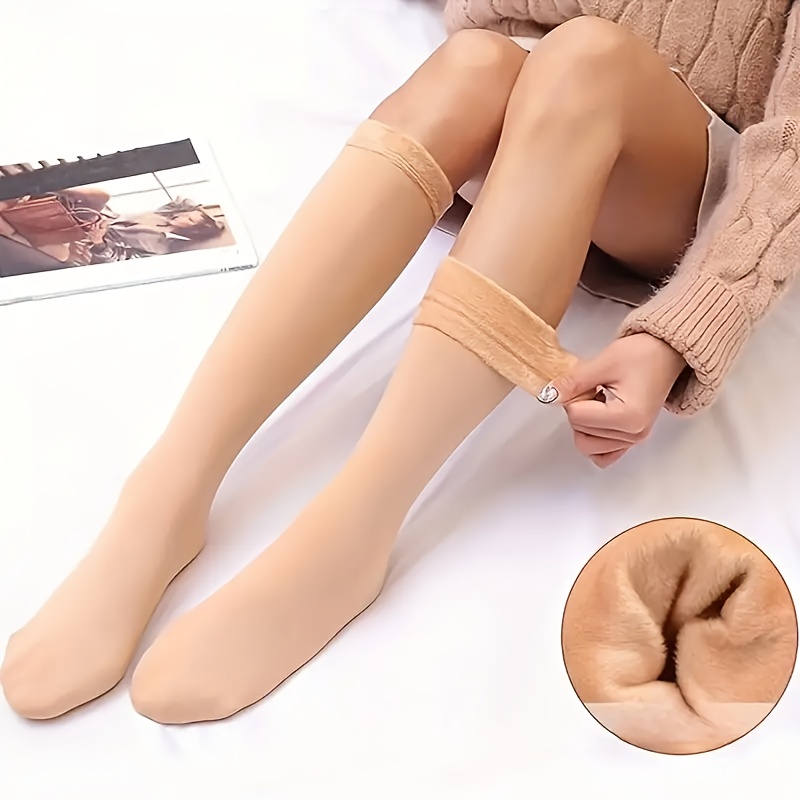 

4-pack Women's Thickened Warm Fleece Solid Color Knee-high Socks, Elegant Style, Polyester And Spandex , Machine Washable, Dry , Short Socks For Floor