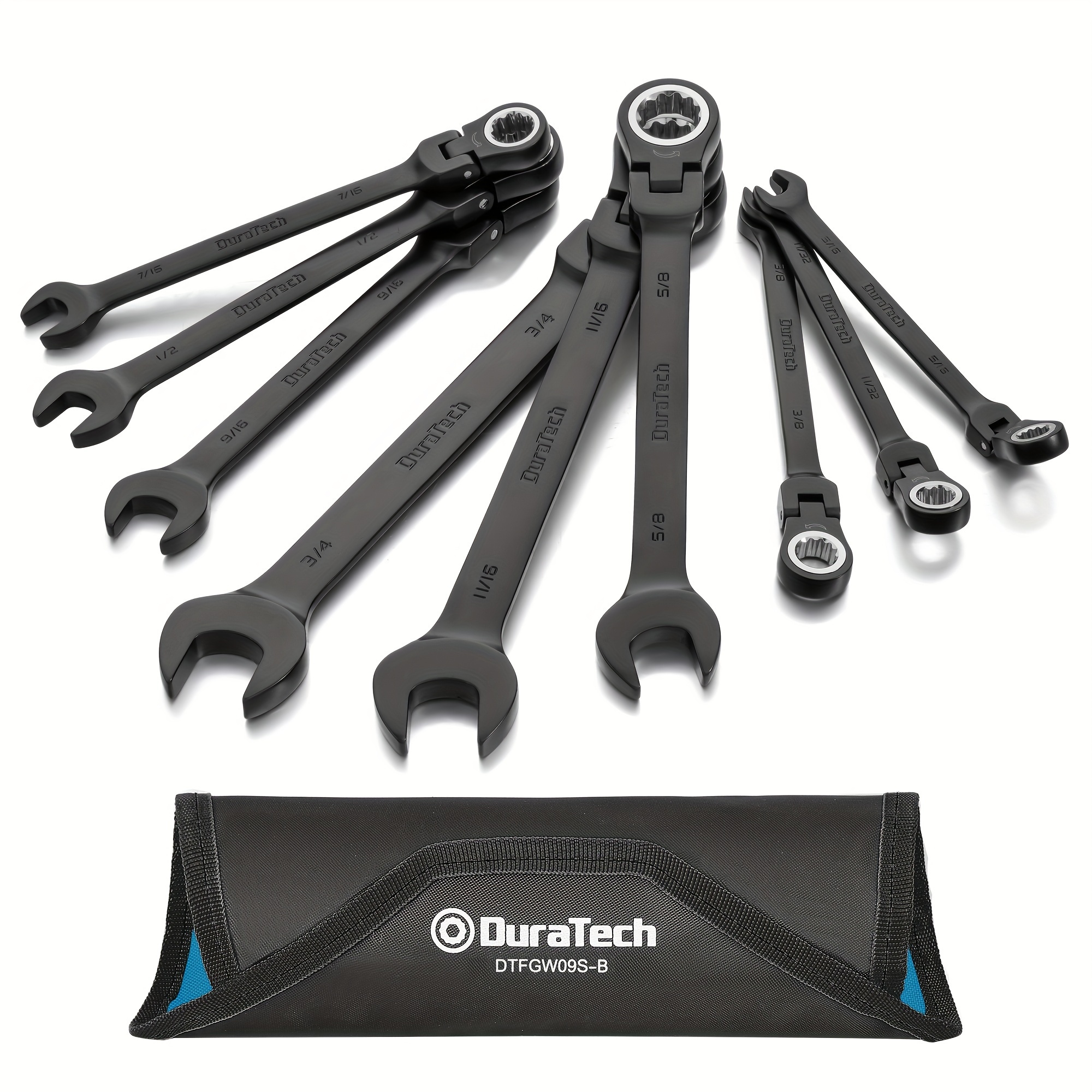 

Duratech 9-piece Flex-head Ratcheting Wrench Set, Combination Wrench Set, 72 Tooth, Sae, 5/16'' To 3/4'', Black Electrophoretic Coating, Cr-, With Rolling Pouch